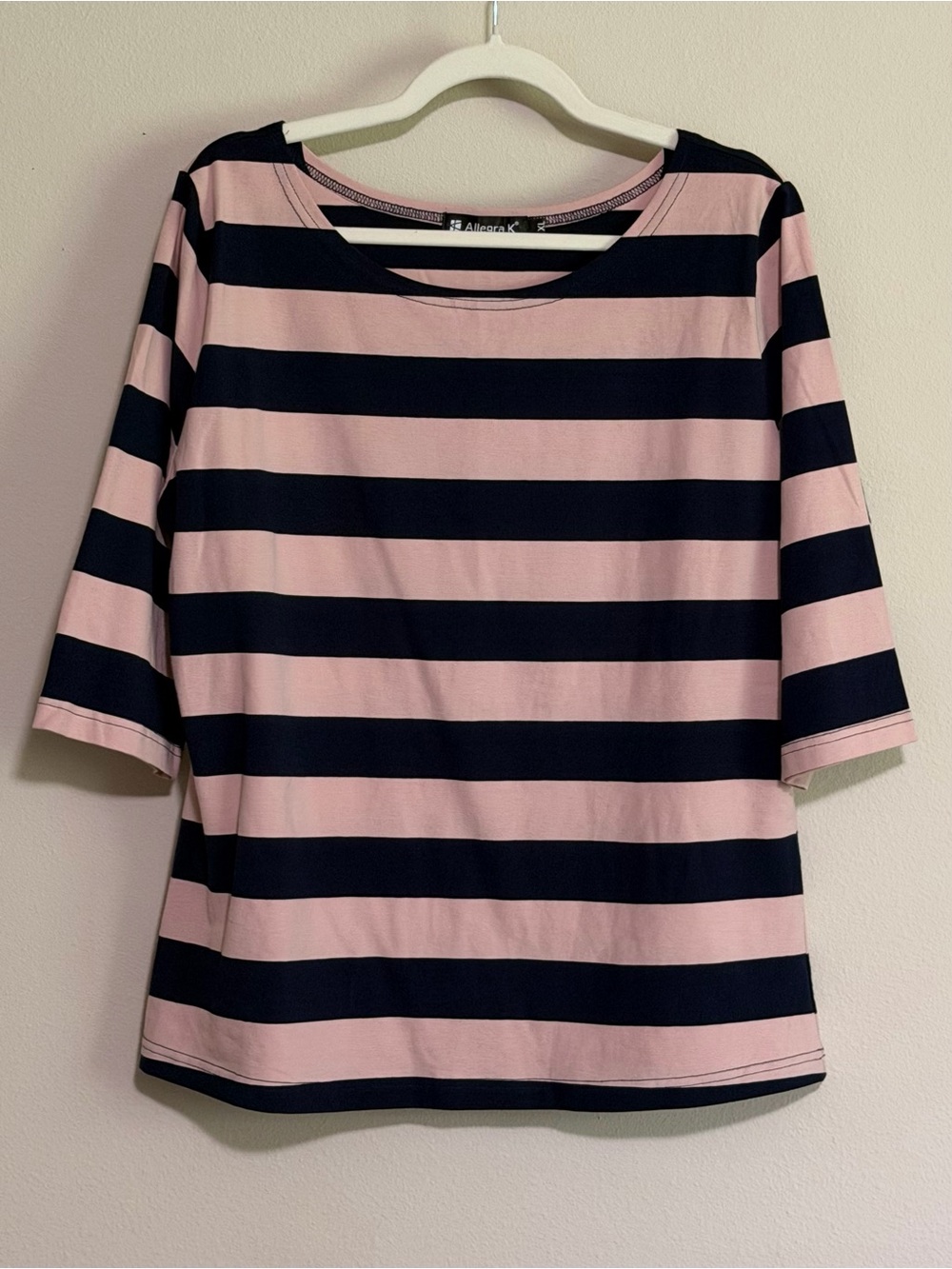 Allegra K Pink & Navy Horizontal Stripe 3/4 Sleeve Top